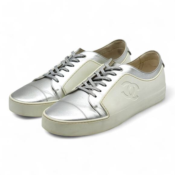 Chanel CC Rev Men's Leather Sneakers White Silver G32719 EU 46 US 13 - Picture 1 of 8